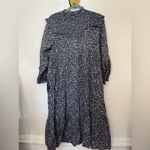 Meadows Smocked Cream and Blue Floral Bird Cotton Dress M/L